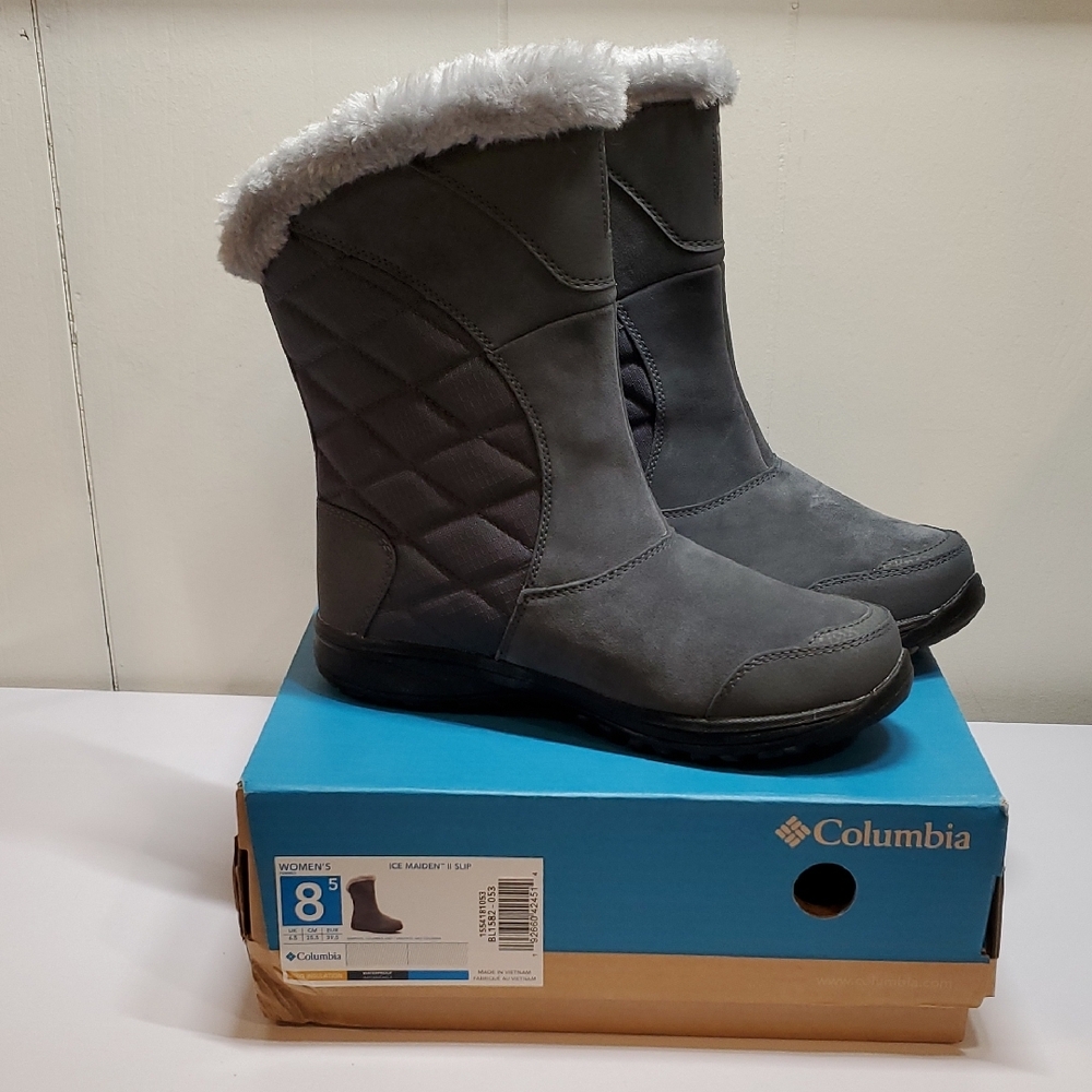 Columbia Gray Ice Maiden II Winter Rain Boots Weather-Resistant Faux Fur
